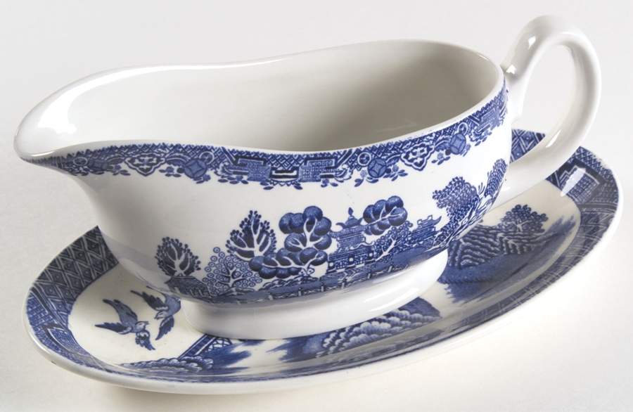 Blue Willow (Older) Gravy Boat & Underplate/Relish by Wood & Sons-1