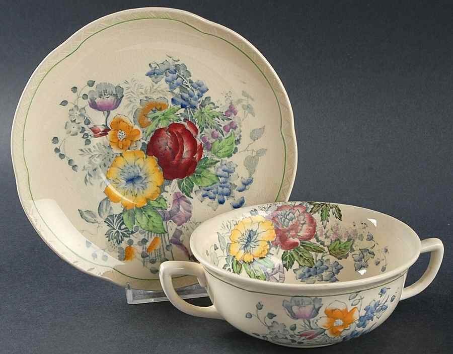 Bouquet Multicolor Flat Cream Soup Bowl & Saucer Set by Wood & Sons-1
