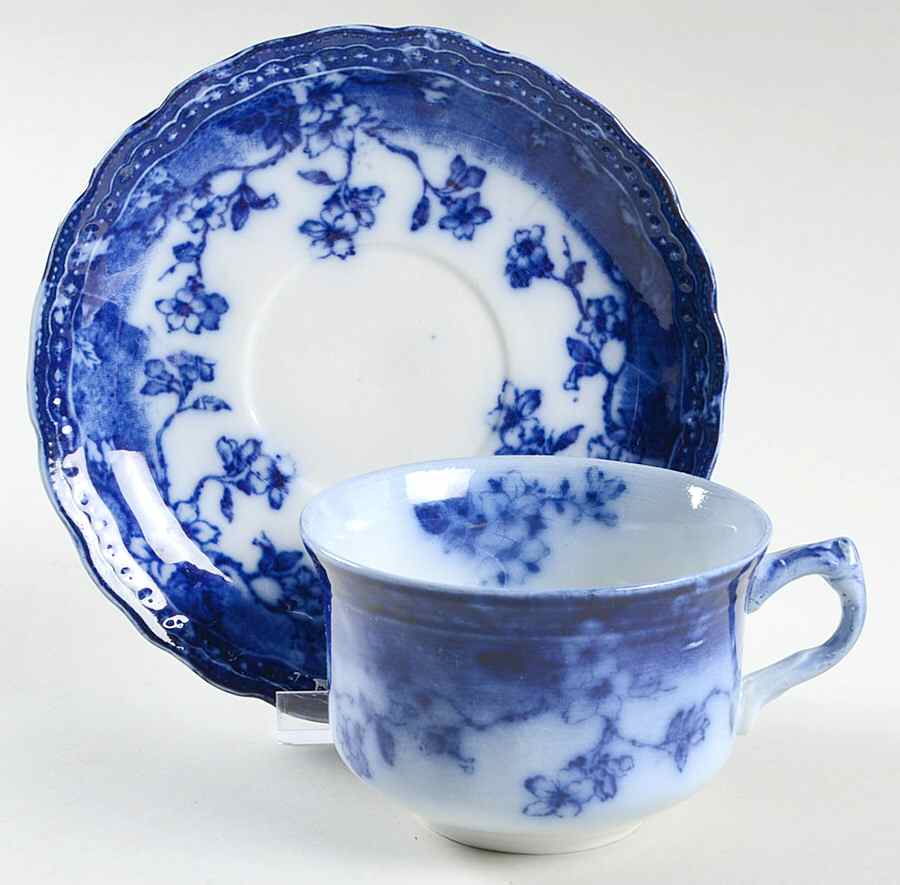 Brunswick (Flow Blue) Flat Cup & Saucer Set by Wood & Sons-1
