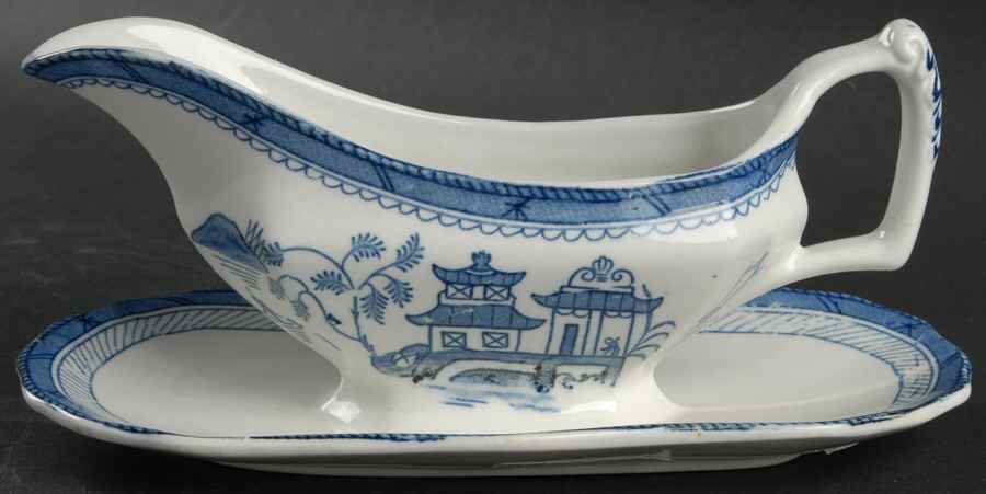 Canton Blue Gravy Boat with Attached Underplate by Wood & Sons-1