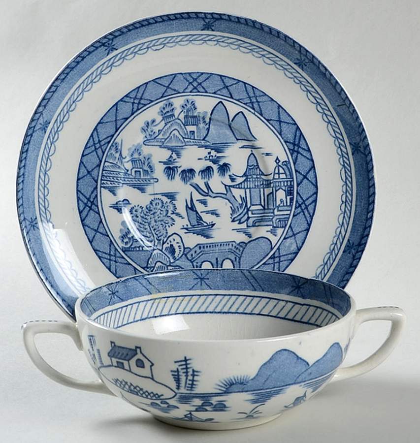 Canton Blue Flat Cream Soup Bowl & Saucer Set by Wood & Sons-1