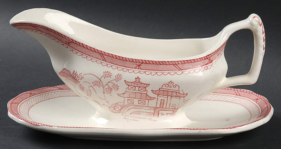 Canton Pink Gravy Boat with Attached Underplate by Wood & Sons-1