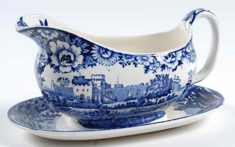Castles Blue Gravy Boat with Attached Underplate by Wood & Sons-1