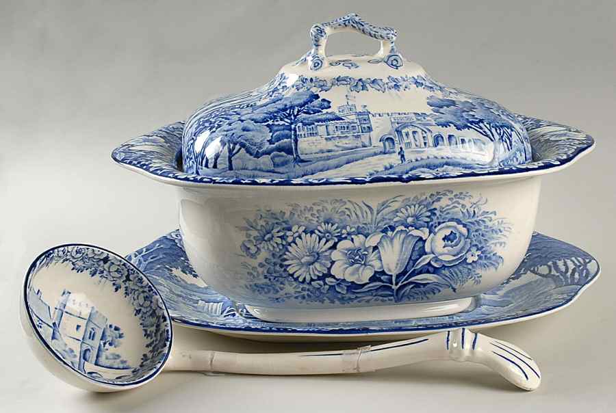 Castles Blue Tureen & Lid w/Ladle & Underplate by Wood & Sons-1