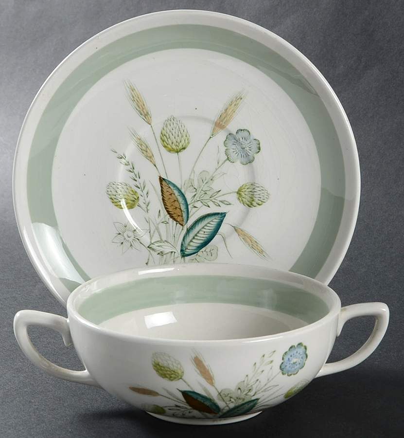 Clovelly (Green Shaded Clover) Flat Cream Soup Bowl & Saucer Set by Wood & Sons-1