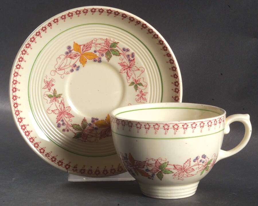 Doris (Red Border, Ridged Rim) Flat Cup & Saucer Set by Wood & Sons-1