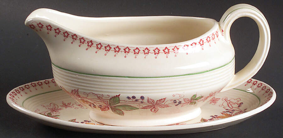 Doris (Red Border, Ridged Rim) Gravy Boat & Underplate by Wood & Sons-1