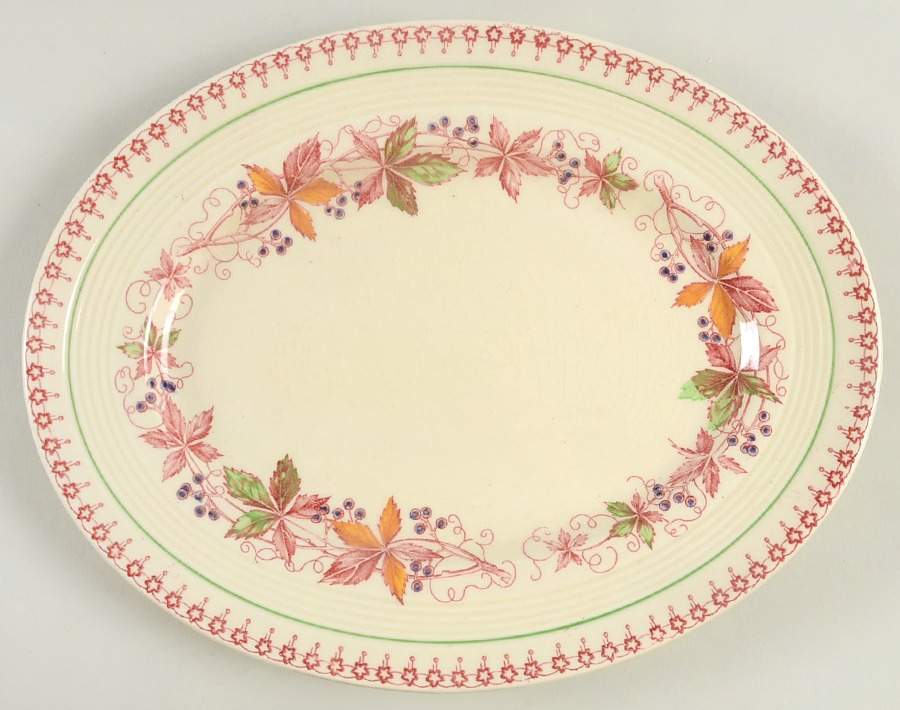 Doris (Red Border, Ridged Rim) 10" Oval Serving Platter by Wood & Sons-1