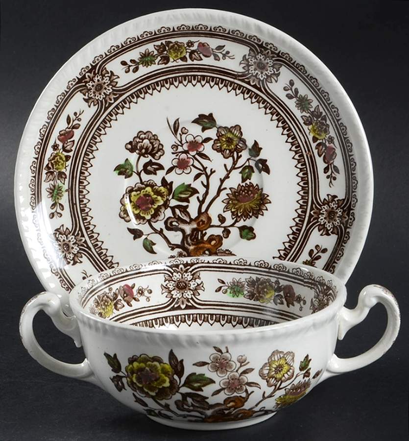 Dorset Brown Multicolor (Smooth) Flat Cream Soup Bowl & Saucer Set by Wood & Sons-1
