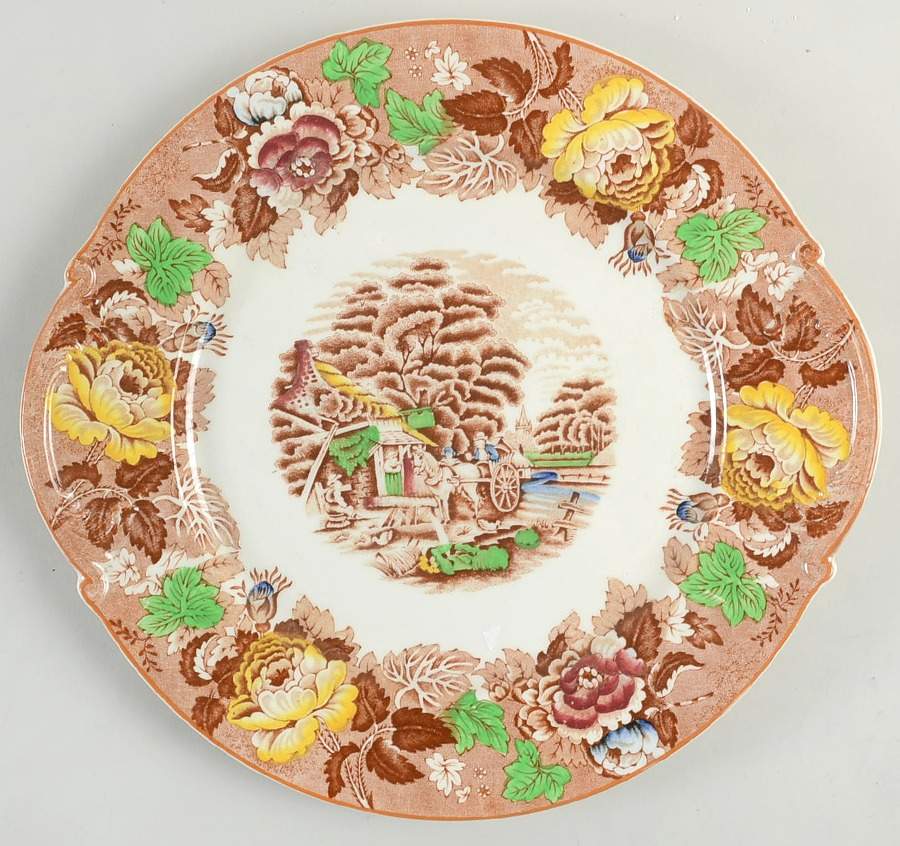 English Scenery Light Brown Multicolor Handled Cake Plate by Wood & Sons-1