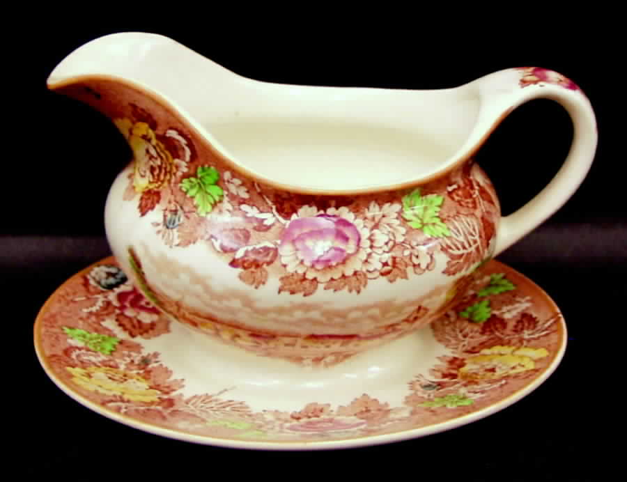English Scenery Light Brown Multicolor Gravy Boat with Attached Underplate by Wood & Sons-1