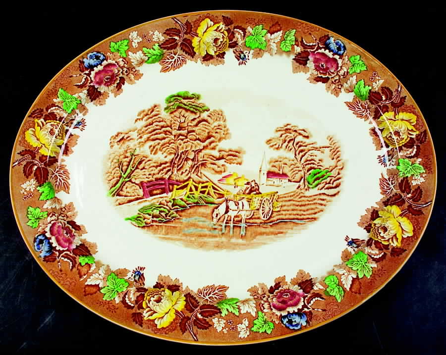 English Scenery Light Brown Multicolor 21" Oval Serving Platter by Wood & Sons-1