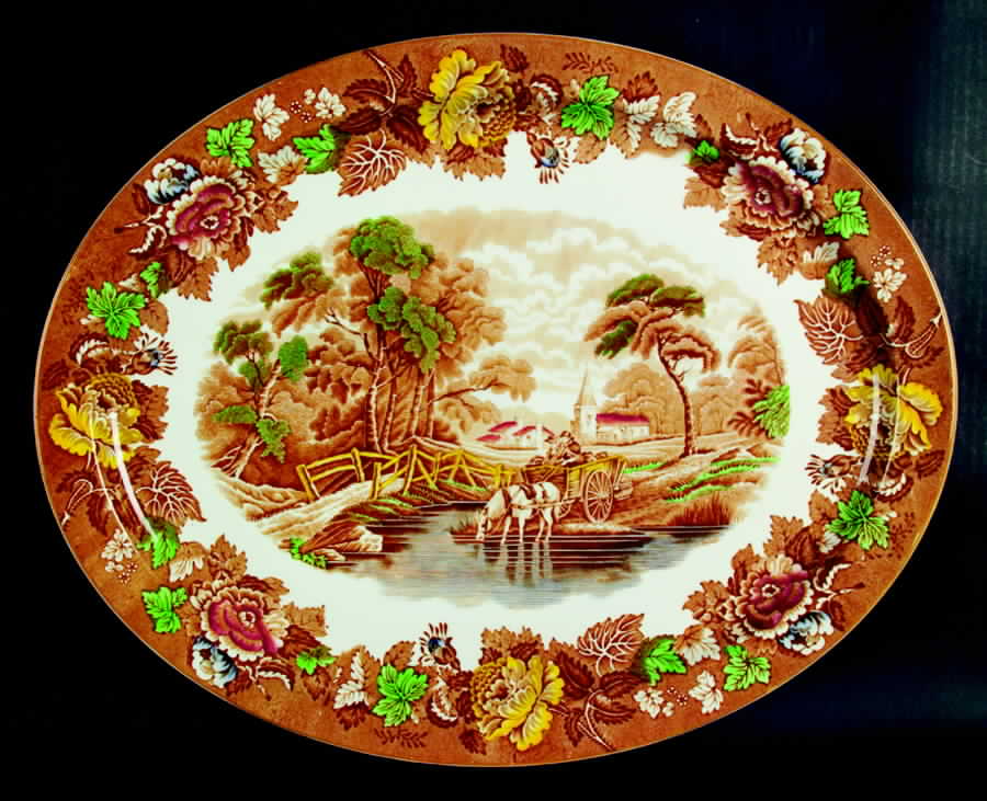 English Scenery Light Brown Multicolor 18" Oval Serving Platter by Wood & Sons-1