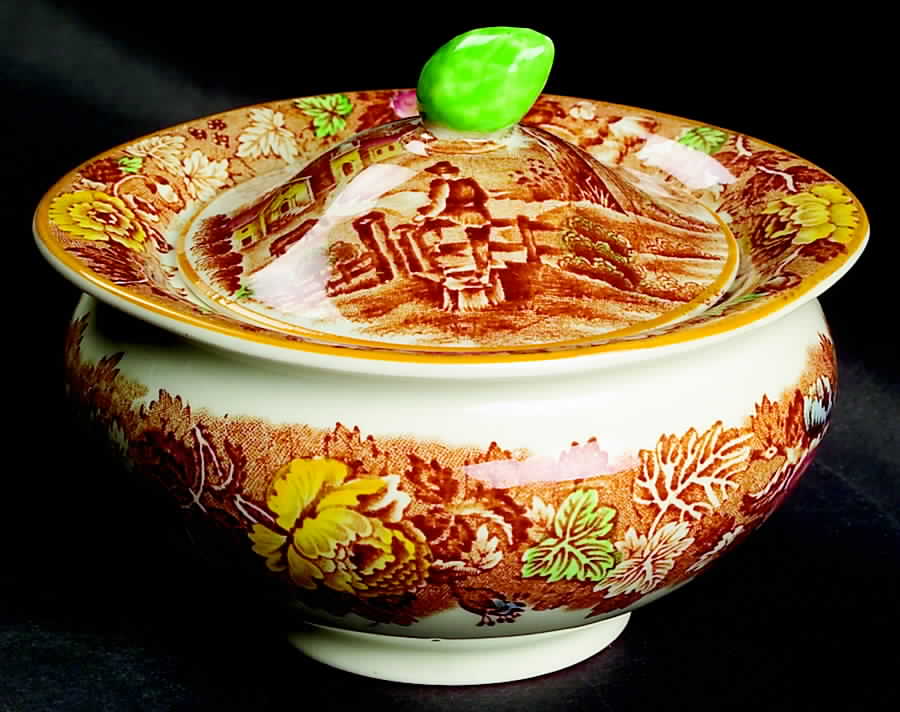 English Scenery Light Brown Multicolor Sugar Bowl & Lid by Wood & Sons-1