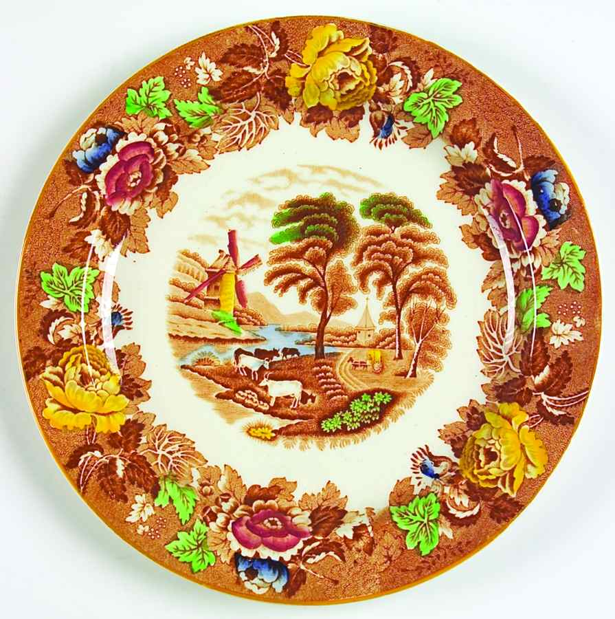 English Scenery Light Brown Multicolor Luncheon Plate by Wood & Sons-1