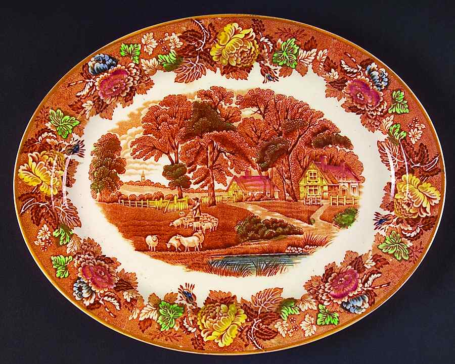 English Scenery Light Brown Multicolor 11" Oval Serving Platter by Wood & Sons-1