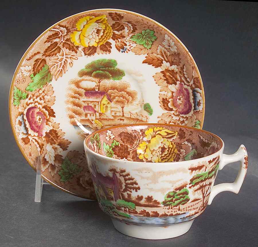 English Scenery Light Brown Multicolor Flat Cup & Saucer Set by Wood & Sons-1