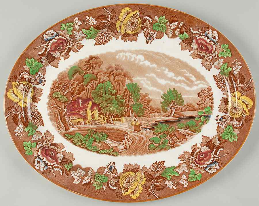 English Scenery Light Brown Multicolor 16" Oval Serving Platter by Wood & Sons-1