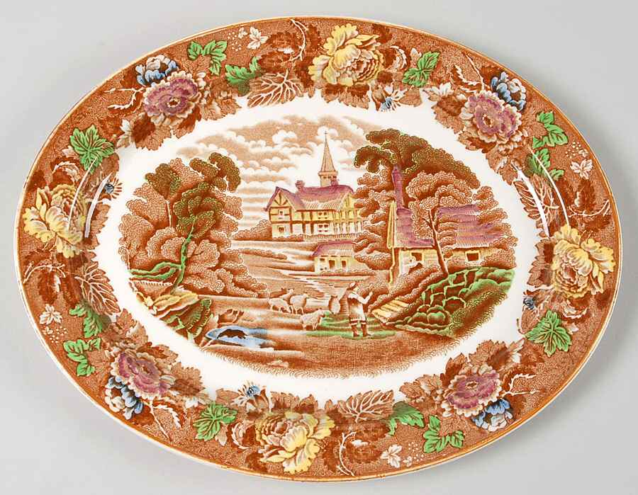 English Scenery Light Brown Multicolor 10" Oval Serving Platter by Wood & Sons-1