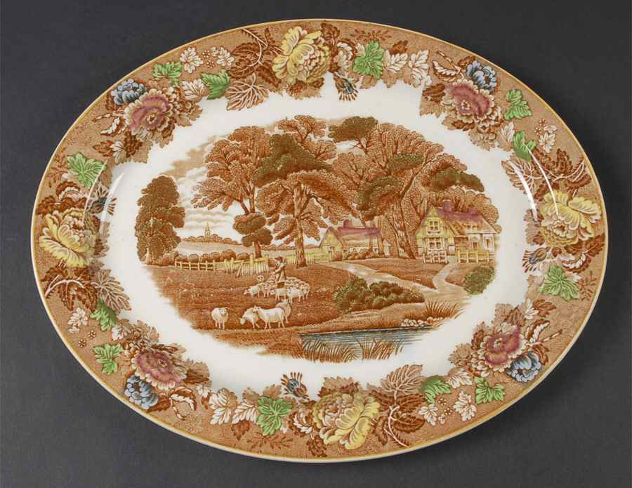 English Scenery Light Brown Multicolor 12" Oval Serving Platter by Wood & Sons-1