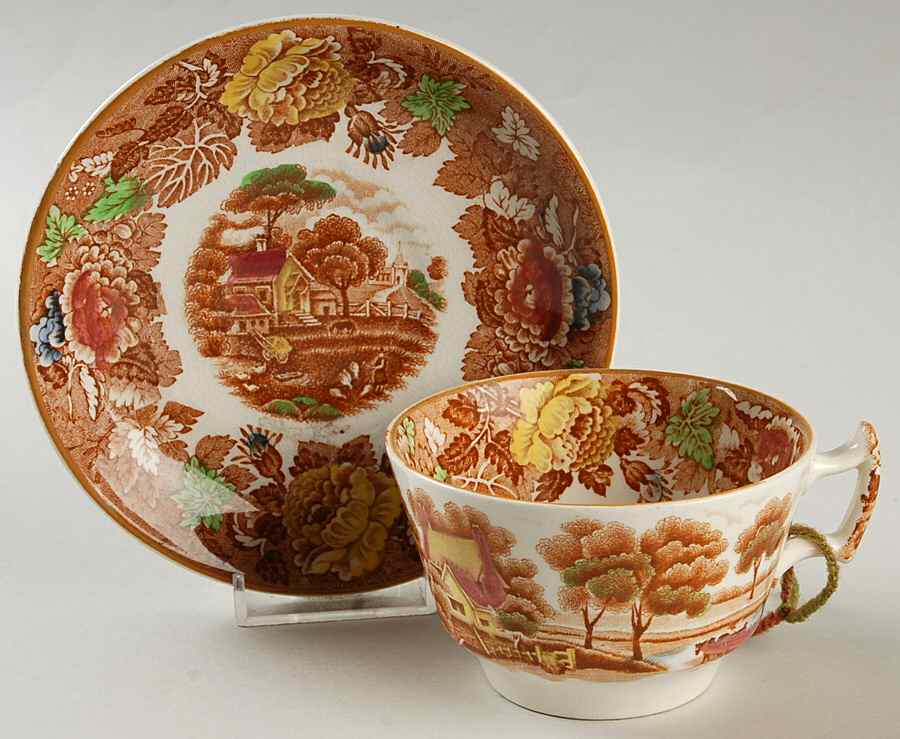English Scenery Light Brown Multicolor Flat Cup & Saucer Set by Wood & Sons-1