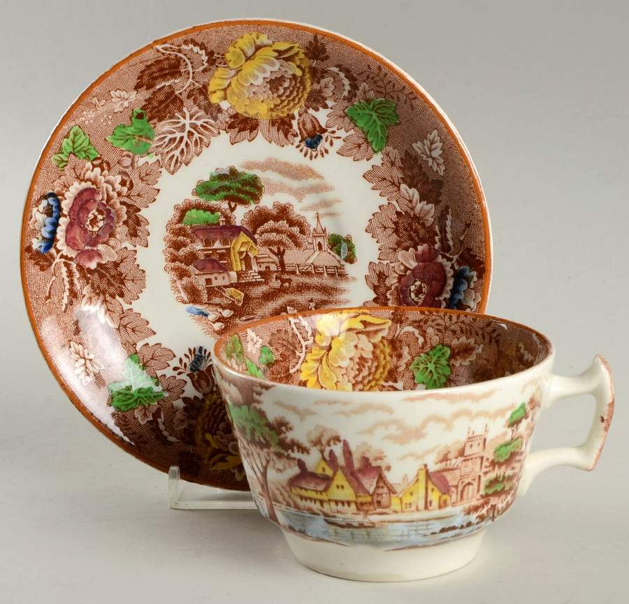 English Scenery Light Brown Multicolor Flat Cup & Saucer Set by Wood & Sons-1