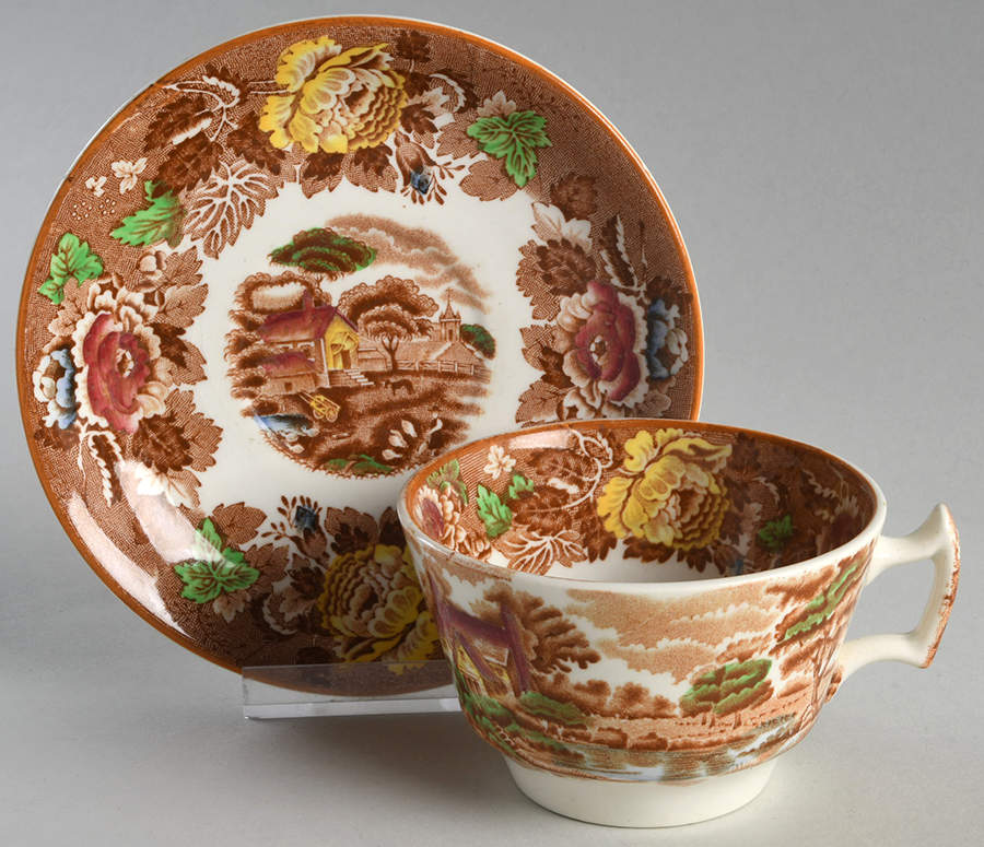 English Scenery Dark Brown Multicolor Flat Cup & Saucer Set by Wood & Sons-1