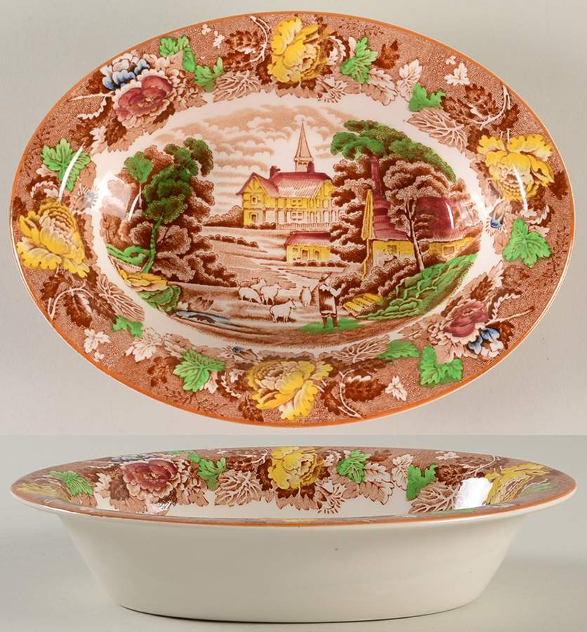 English Scenery Dark Brown Multicolor 8" Oval Vegetable Bowl by Wood & Sons-1