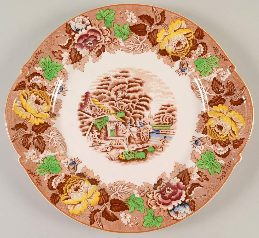 English Scenery Dark Brown Multicolor Handled Cake Plate by Wood & Sons-1