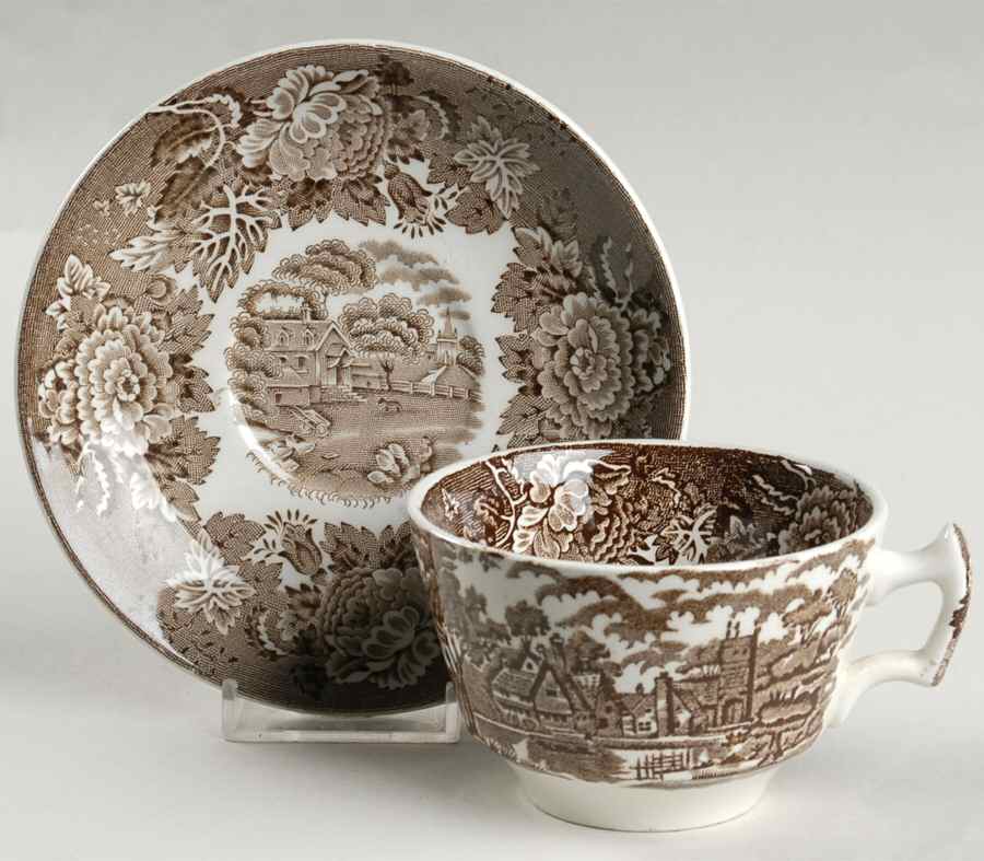 English Scenery Dark Brown Flat Cup & Saucer Set by Wood & Sons-1