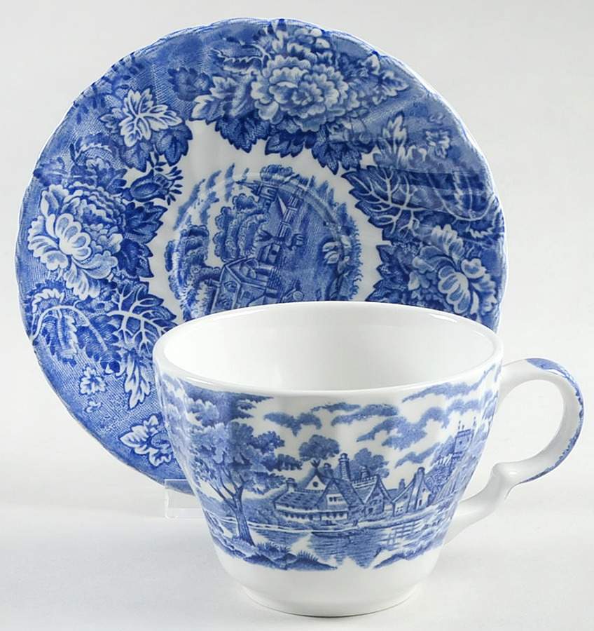 English Scenery Blue (Urn Backstamp, Swirl) Flat Cup & Saucer Set by Wood & Sons-1