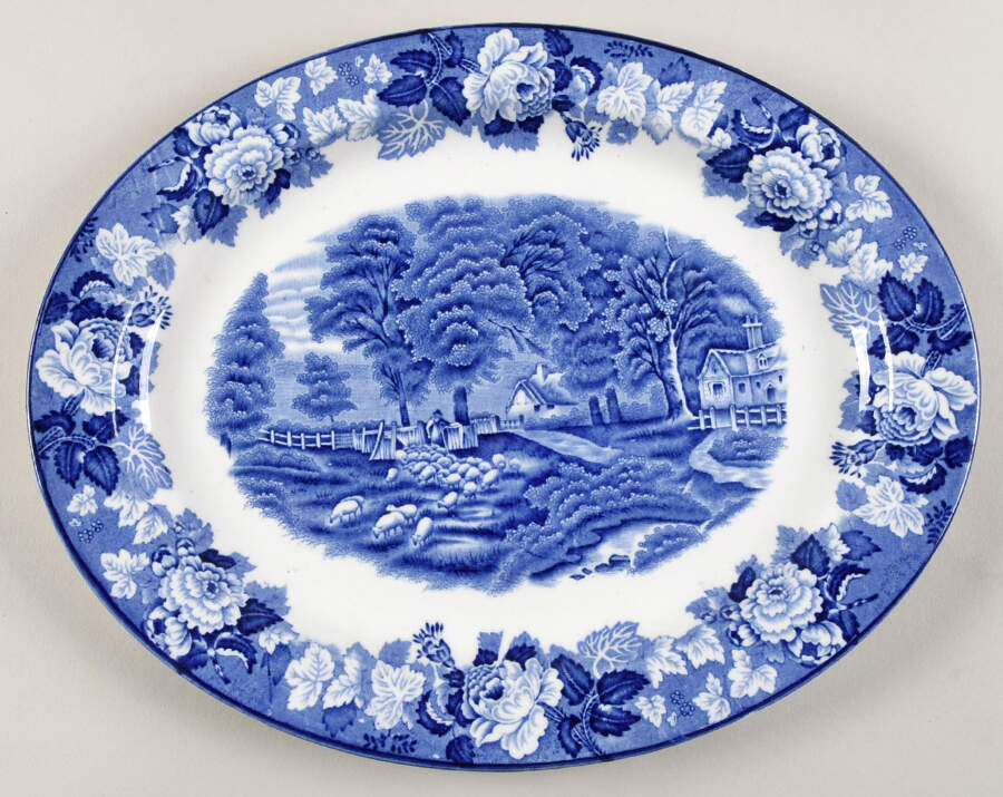 English Scenery Blue (Continental Shape) 12" Oval Serving Platter by Wood & Sons-1
