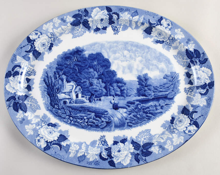 English Scenery Blue (Continental Shape) 16" Oval Serving Platter by Wood & Sons-1
