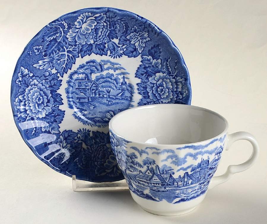 English Scenery Blue (Urn Backstamp, Swirl) Flat Cup & Saucer Set by Wood & Sons-1