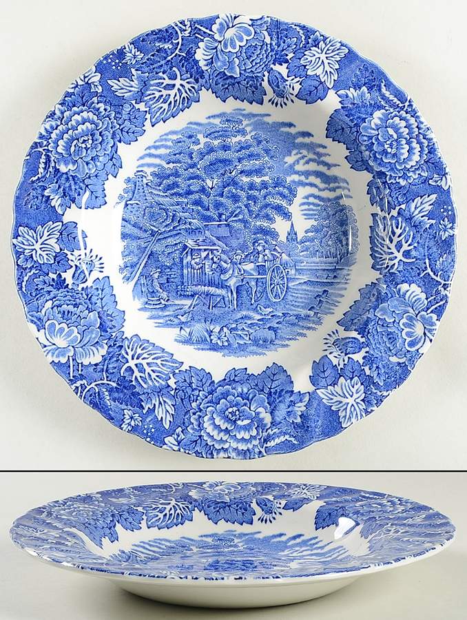 English Scenery Blue (Urn Backstamp, Swirl) Large Rim Soup Bowl by Wood & Sons-1