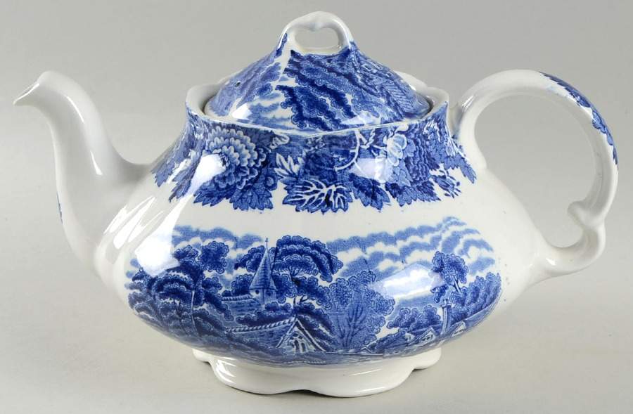 English Scenery Blue (Urn Backstamp, Swirl) Teapot & Lid by Wood & Sons-1