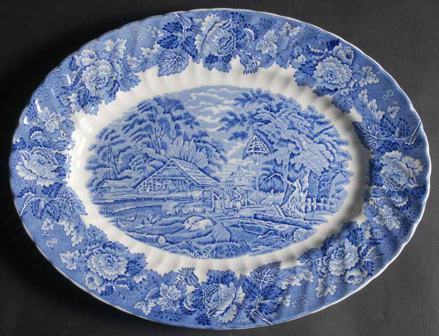 English Scenery Blue (Urn Backstamp, Swirl) 13" Oval Serving Platter by Wood & Sons-1
