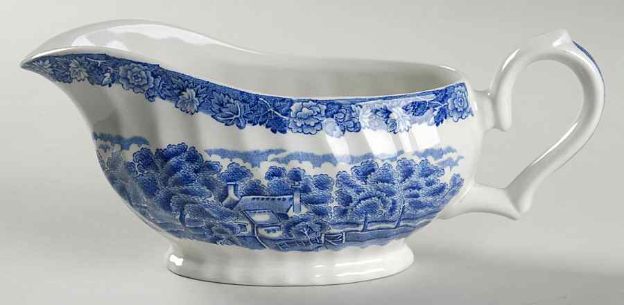 English Scenery Blue (Urn Backstamp, Swirl) Gravy Boat by Wood & Sons-1