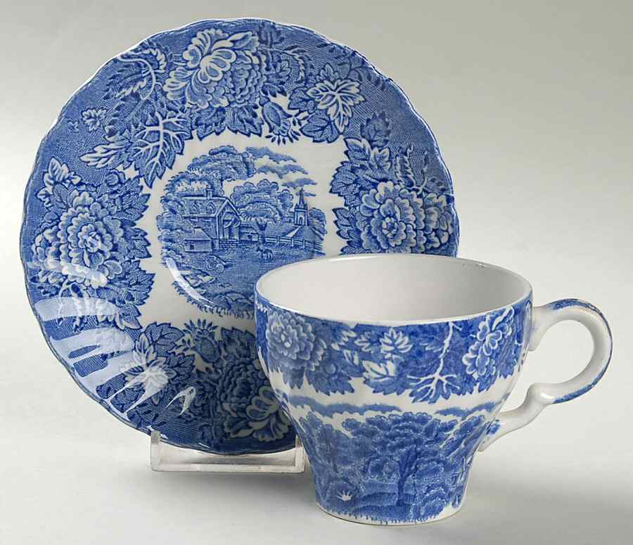 English Scenery Blue (Urn Backstamp, Swirl) Flat Cup & Saucer Set by Wood & Sons-1