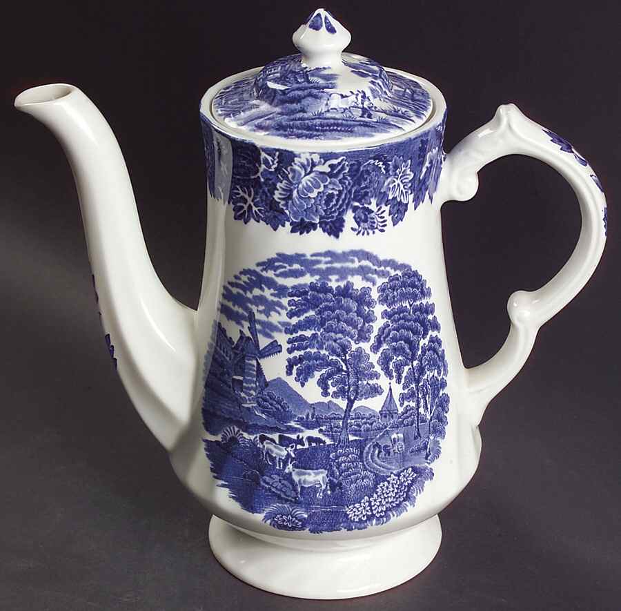 English Scenery Blue (Urn Backstamp, Swirl) Coffee Pot & Lid by Wood & Sons-1