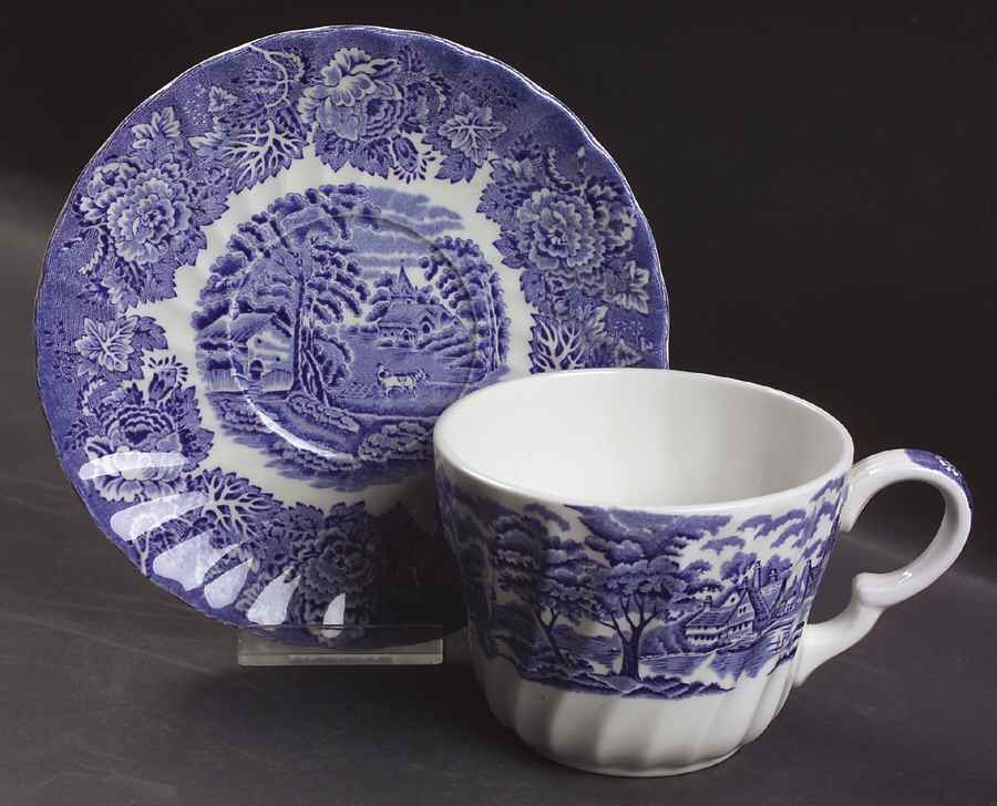 English Scenery Blue (Urn Backstamp, Swirl) Oversized Cup & Saucer Set by Wood & Sons-1