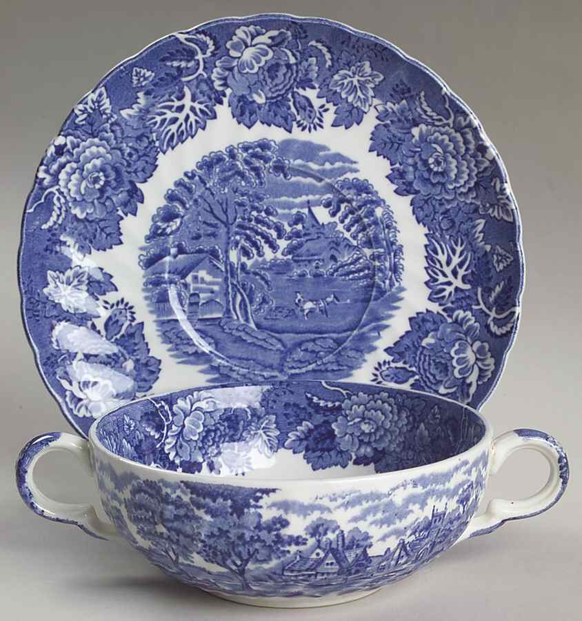 English Scenery Blue (Urn Backstamp, Swirl) Flat Cream Soup Bowl & Saucer Set by Wood & Sons-1