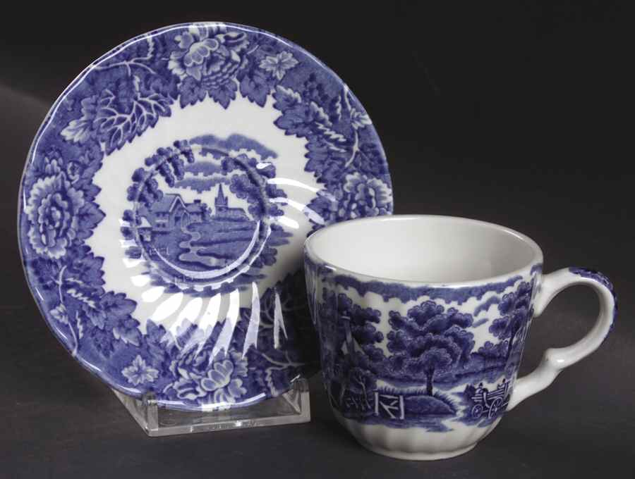English Scenery Blue (Urn Backstamp, Swirl) Flat Demitasse Cup & Saucer Set by Wood & Sons-1