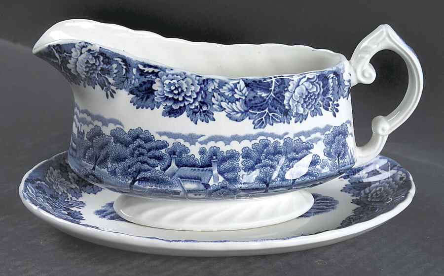 English Scenery Blue (Urn Backstamp, Swirl) Gravy Boat & Underplate/Relish by Wood & Sons-1