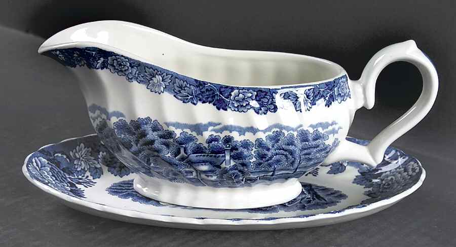 English Scenery Blue (Urn Backstamp, Swirl) Gravy Boat & Underplate/Relish by Wood & Sons-1