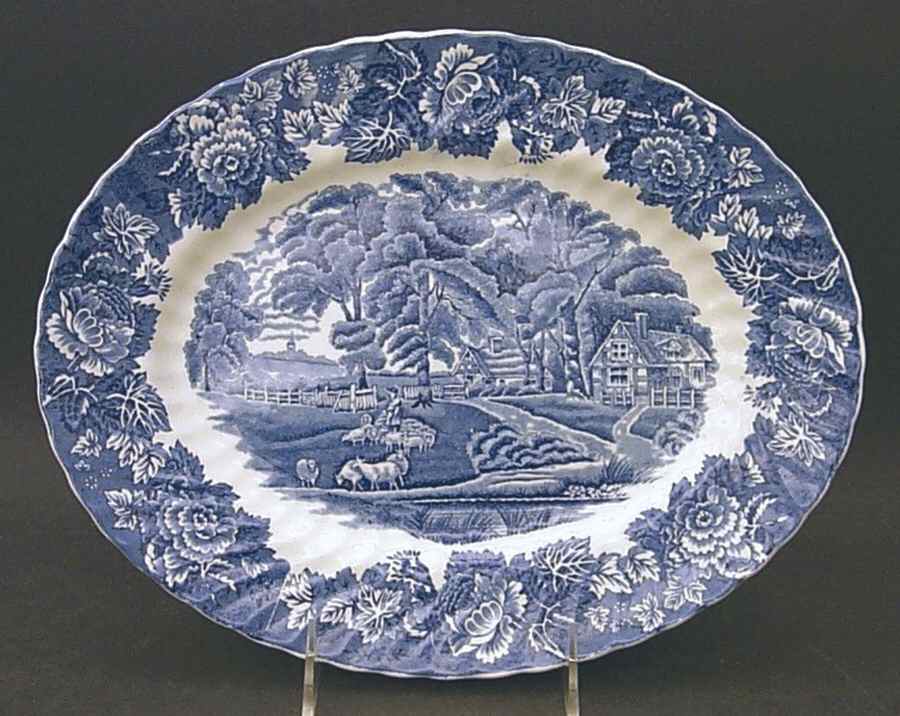 English Scenery Blue (Urn Backstamp, Swirl) 11" Oval Serving Platter by Wood & Sons-1