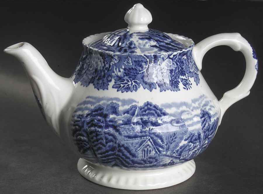 English Scenery Blue (Urn Backstamp, Swirl) Teapot & Lid by Wood & Sons-1