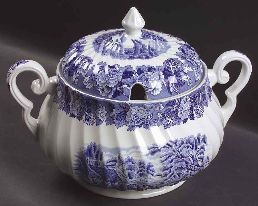 English Scenery Blue (Urn Backstamp, Swirl) Tureen &  Lid by Wood & Sons-1