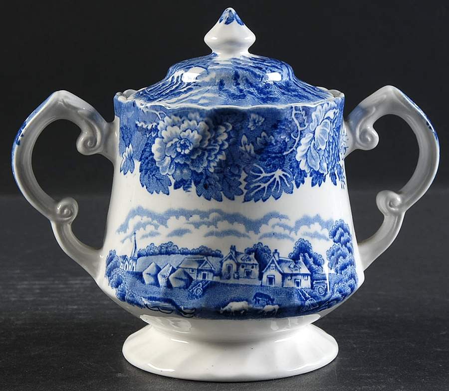 English Scenery Blue (Urn Backstamp, Swirl) Sugar Bowl & Lid by Wood & Sons-1