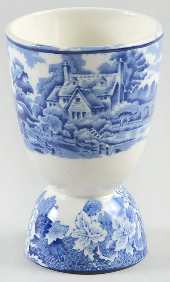 English Scenery Blue (Old Backstamp, Smooth) Double Egg Cup by Wood & Sons-1